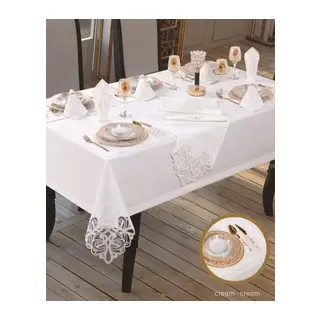 Taç Keten Krem-Krem 26 Parça 160 × 260 cm Supla Runner Sofra Masa Takımı