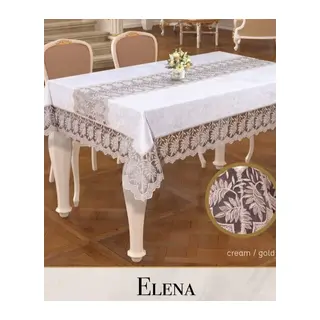 Elena Model Krem-Gold Keten İşlemeli 160x220 cm Dantelli Yemek Masası Örtüsü