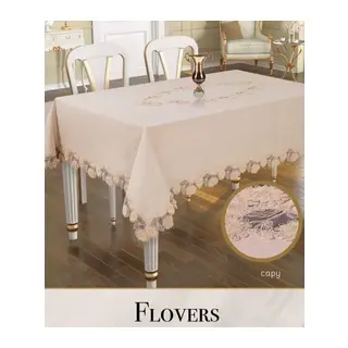 Flowers Model Keten 3D İşlemeli 160x260cm Kapiçino Dantelli Dekoratif Masa Örtüsü