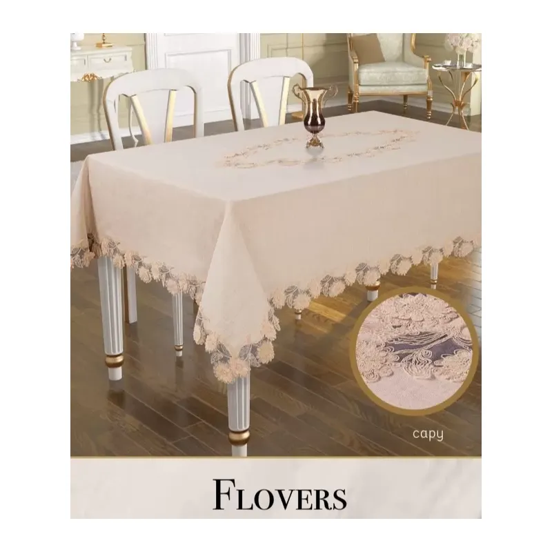 Flowers Model Keten 3D İşlemeli 160x260cm Kapiçino Dantelli Dekoratif Masa Örtüsü