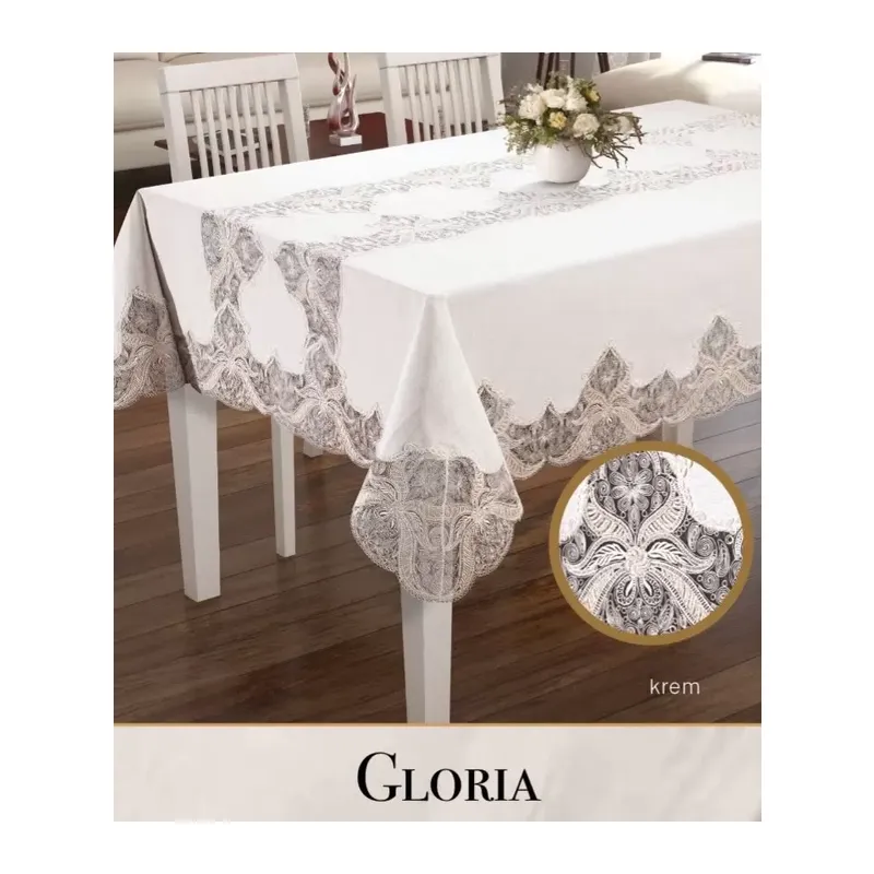 Gloria Model Keten Dantelli 160x260 cm Krem Dekoratif Yemek Masası Örtüsü Tasarım