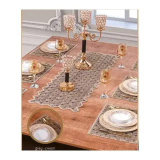 Hasır Supla Takımı Masa Seti 6 Kişilik 7 Parça Supla Runner Set Gri-Krem - 38 x 45 cm