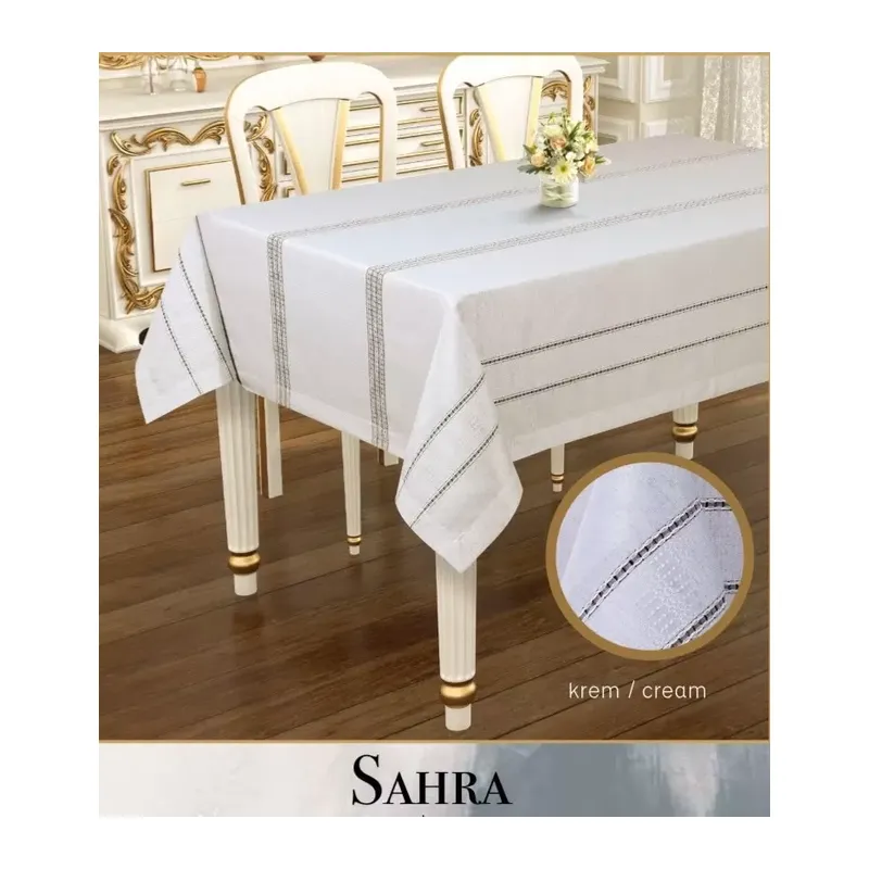 Sahra Model Krem 160x220 cm Polyester Ajurlu Keten Masa Örtüsü Tablecloth