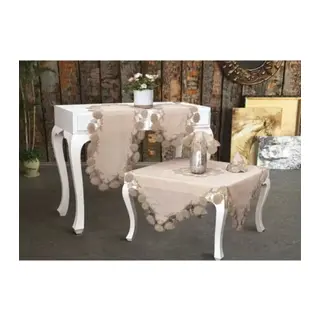 Kapiçino Flowers Model 5 Parça Keten Dantelli Runner Seti Salon Takımı
