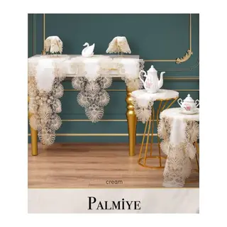 Palmiye Model Krem-Krem 7 Parça Keten Masa Örtüsü Runner Seti Çeyizlik Salon Dekorasyon