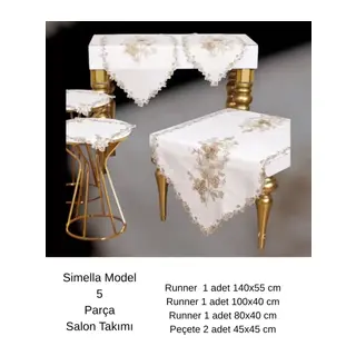Simella Model Krem-Kapiçino Çeyizlik Nakış İşlemeli Masa Örtüsü Runner Seti Salon Takımı