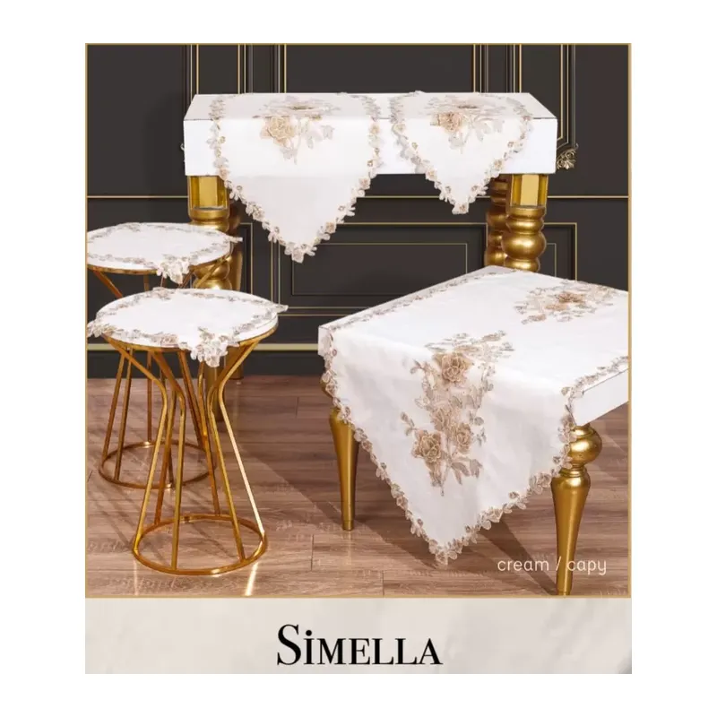 Çeyizlik Simella Model Krem-Kapi Nakış İşlemeli 5 Parça Masa Örtüsü Runner Seti Salon Takımı