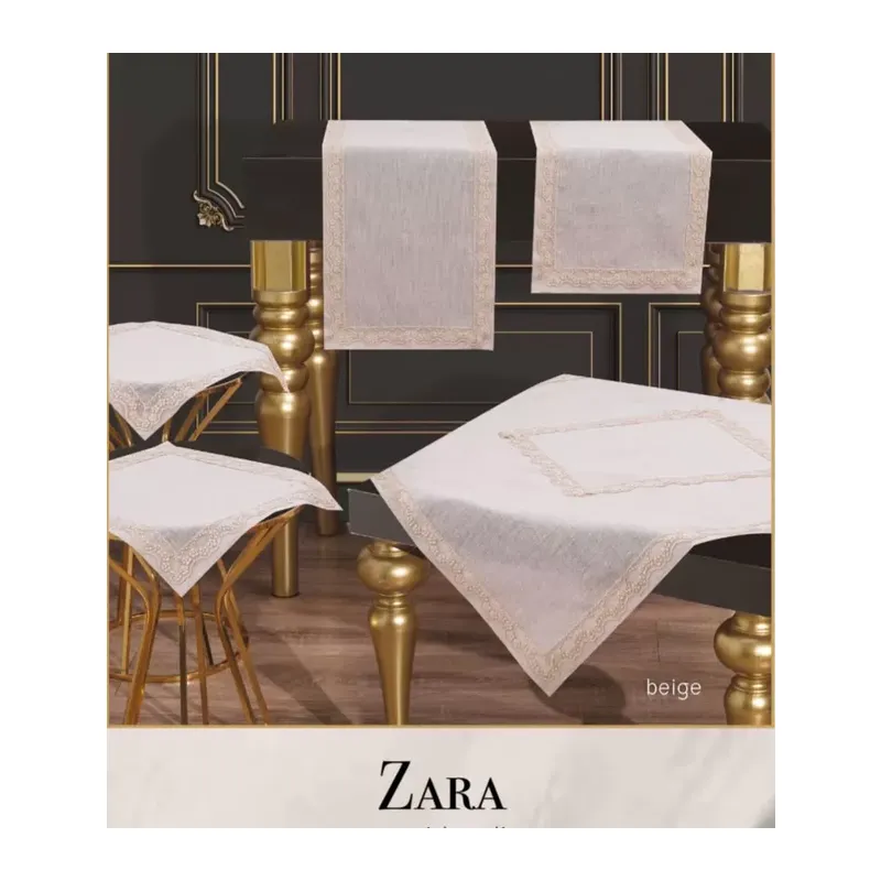 Zara Model Bej Çeyizlik Dantelli Keten Masa Örtüsü Runner Seti 5 Parça