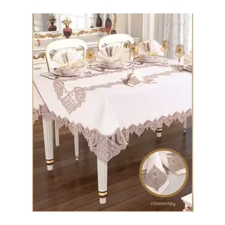 Kartanesi Gardenya Keten Krem-Kapiçino 12 Kişilik 26 Parça Çeyizlik Şık 160x220 cm Masa Örtüsü