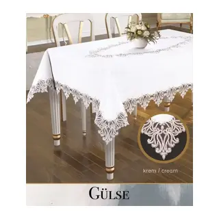Gülse Model Krem 155x220 cm Keten Dantelli Dekoratif Zarif Yemek Masası Örtüsü