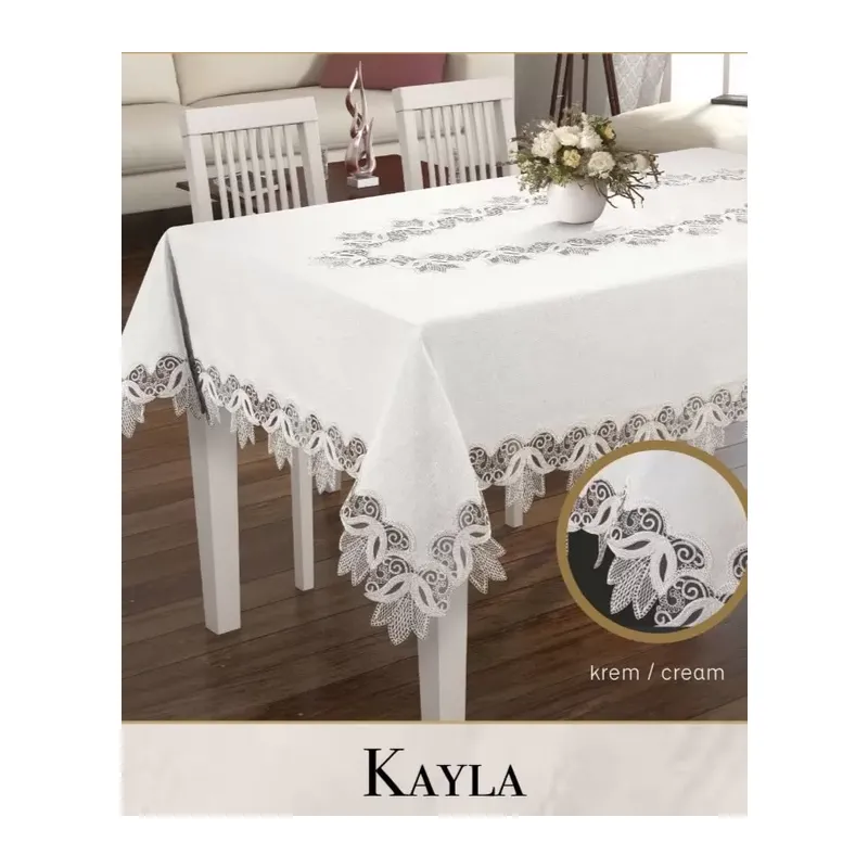 Kayla Model Krem 155x220 cm Keten Dantel Dekoratif Zarif Yemek Masası Örtüsü