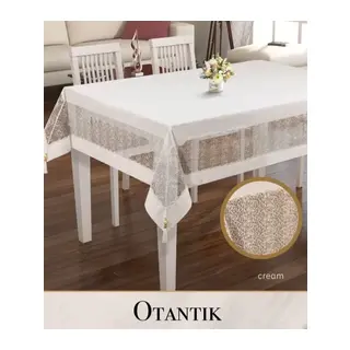 160x260 cm Otantik Model Krem Keten İşlemeli Dantelli Masa Örtüsü Modern Tasarım