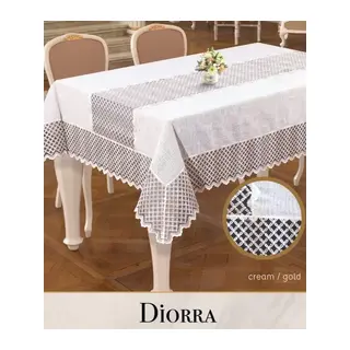 Keten Kendinden Runnerli Masa Örtüsü 160x260 cm Yemek Masası Örtüsü Diorra Model Krem-Gold