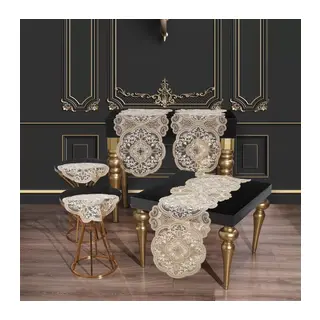 Alya Model Gold 5 Parça Salon Takımı Dantelli Masa Örtüsü Runner Seti