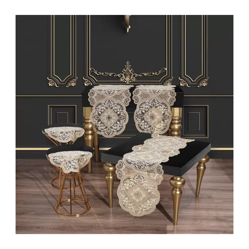 Alya Model Gold 5 Parça Salon Takımı Dantelli Masa Örtüsü Runner Seti