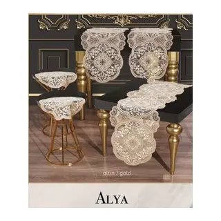 5 Parça Alya Gold Dantelli Salon Takımı Runner Masa Örtüsü Şık Modern Tasarım