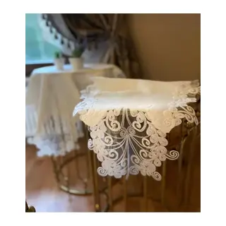 Anna Model Krem 5 Parça Keten Dantelli Salon Takımı Runner Seti Masa Örtüsü