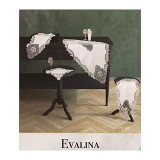 Evalina Model Krem-Krem 5 Parça Keten Dantelli Masa Örtüsü Seti Zarif Salon Takımı