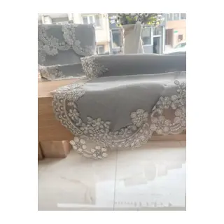 Çeyizlik Firuze Model Gri 5 Parça Keten Dantelli Salon Takımı Runner Seti