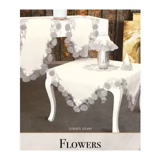 Flowers Model Krem 5 Parça Keten Dantelli Runner Seti Lüks Salon Takımı