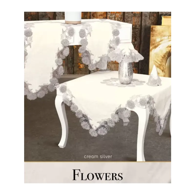 Flowers Model Krem 5 Parça Keten Dantelli Runner Seti Lüks Salon Takımı
