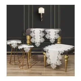Krem-Gold Kayla Model Keten 5 Parça Masa Örtüsü Runner Seti Şık Salon Takımı