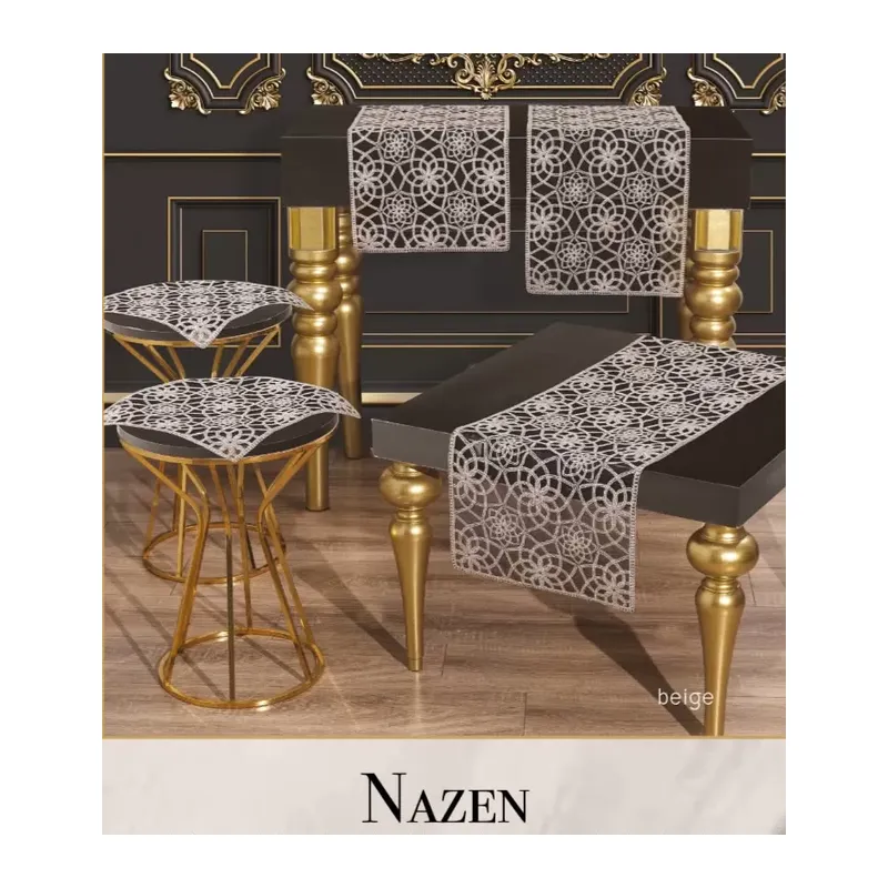 Nazen Model Bej 5 Parça Tül İşlemeli Runner Seti Zarif Salon Takımı