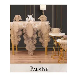 Kapiçino Palmiye Model 7 Parça Keten Masa Örtüsü Runner Seti Zarif Salon Takımı