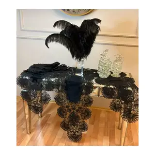 7 Parça Siyah Çeyizlik Palmiye Model Keten Runner Seti Masa Örtüsü Salon Takımı