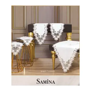 Krem Samina Model 5 Parça Keten Dantelli Masa Örtüsü Runner Seti Çeyizlik Salon Takımı
