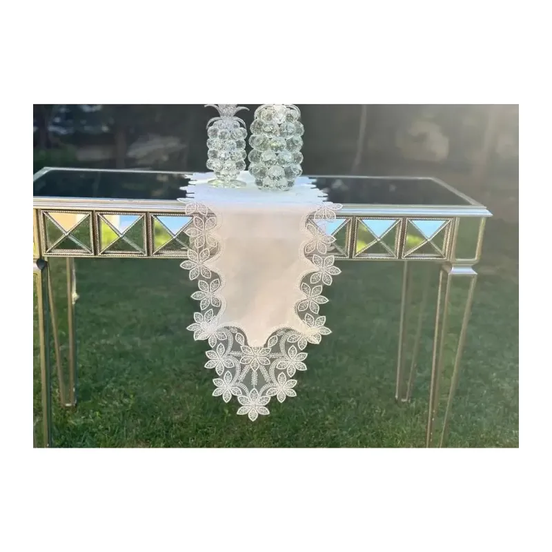 Krem Çeyizlik Selena Model 5 Parça Dantelli Keten Runner Seti Masa Örtüsü Takımı