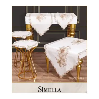 Simella Model Krem-Kapi Nakış İşlemeli 5 Parça Çeyizlik Masa Örtüsü Runner Seti Salon Takımı