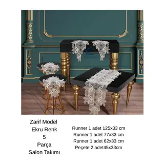 Zarif Model Krem Dantelli Masa Örtüsü Runner Seti Çeyizlik Salon Takımı 5 Parça