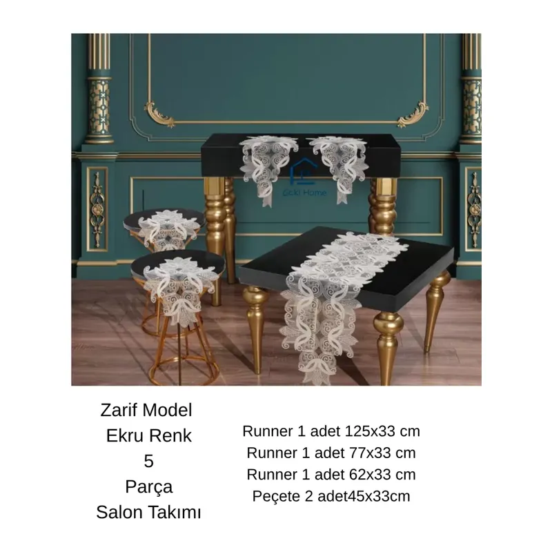 Zarif Model Krem Dantelli Masa Örtüsü Runner Seti Çeyizlik Salon Takımı 5 Parça