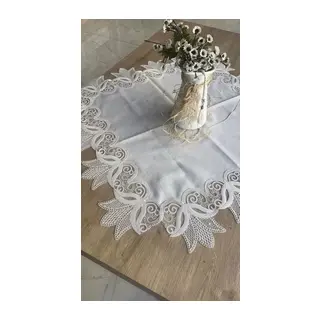 Kayla Kreme Krem 88x88 cm Fransız Dantel Detaylı Kare Sehpa Örtüsü Şık Tasarım