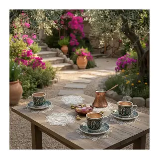 6 lı Dantel Kahve Sunumluğu 15x15 cm Asorti Desenli Türk Kahvesi Seti