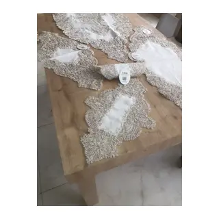 Salon Takımı Keten Angelika Çeyizlik Kreme Gold Runner Set 5 Parça Keten Ranır Masa Sehpa Konsol Örtüsü