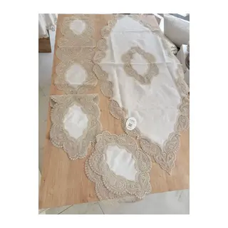 Salon Takımı Bellisima Çeyizlik Kreme Kapi Runner Set 5 Parça Keten Ranır Masa Sehpa Konsol Örtüsü