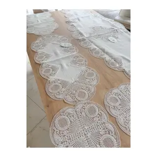 Salon Takımı Çeyizlik Krem Runner Set 5 Parça Keten Ranır Masa Sehpa Konsol Örtüsü Defne