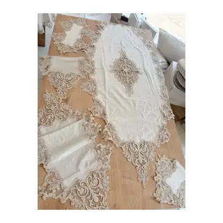 Salon Takımı Çeyizlik Krem Runner Set 5 Parça Kadife Masa Örtüsü Runneri Eva