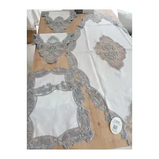 Salon Takımı Çeyizlik Krem Gri Runner Set 5 Parça Keten Masa Örtüsü Runneri Evalina