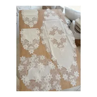 Salon Takımı Çeyizlik Krem Runner Set 5 Parça Keten Masa Örtüsü Runneri Lüx Evita