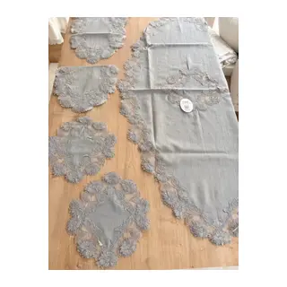 Salon Takımı Çeyizlik Gri Runner Set 5 Parça Keten Masa Örtüsü Runneri Flowers