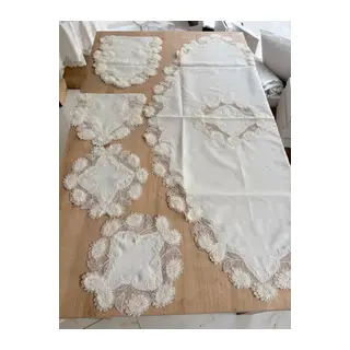 Salon Takımı Çeyizlik Krem Runner Set 5 Parça Keten Masa Örtüsü Runneri Flowers