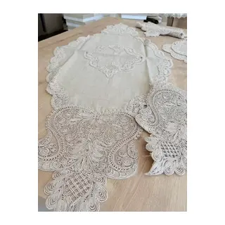 Salon Takımı Çeyizlik Krem Runner Set 5 Parça Keten Masa Örtüsü Runneri Gerdan
