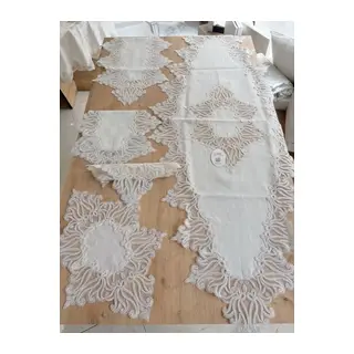 Salon Takımı Çeyizlik Krem Runner Set 5 Parça Keten Ranır Masa Konsol Sehpa Örtüsü Gülseda