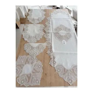 Salon Takımı Çeyizlik Krem Runner Set 5 Parça Keten Ranır Masa Konsol Sehpa Örtüsü Kartanesi