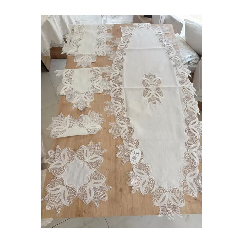 Salon Takımı Çeyizlik Kreme Krem Runner Set 5 Parça Keten Ranır Masa Konsol Sehpa Örtüsü Kayla