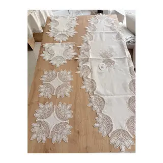 Salon Takımı Çeyizlik Krem Runner Set 5 Parça Keten Ranır Masa Konsol Sehpa Örtüsü Lady