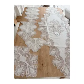 Salon Takımı Çeyizlik Krem Runner Set 5 Parça Keten Ranır Masa Konsol Sehpa Örtüsü Lavinya